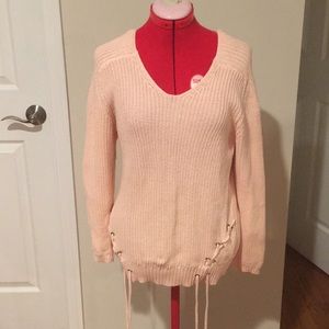 Say What? Peach Sweater W/ Lace Up Detail